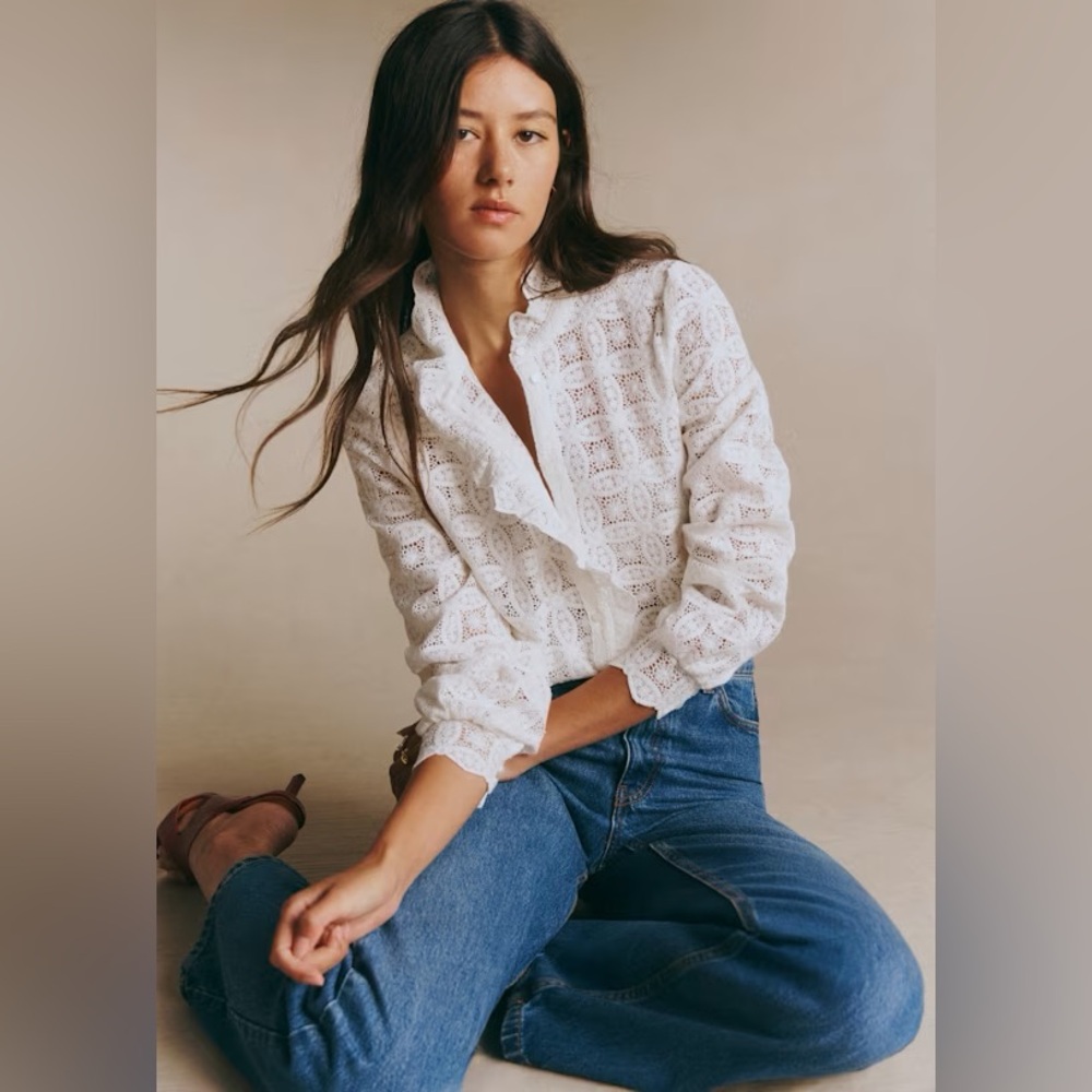 Sezane Chlo Embroidered Blouse in Ecru Size 36